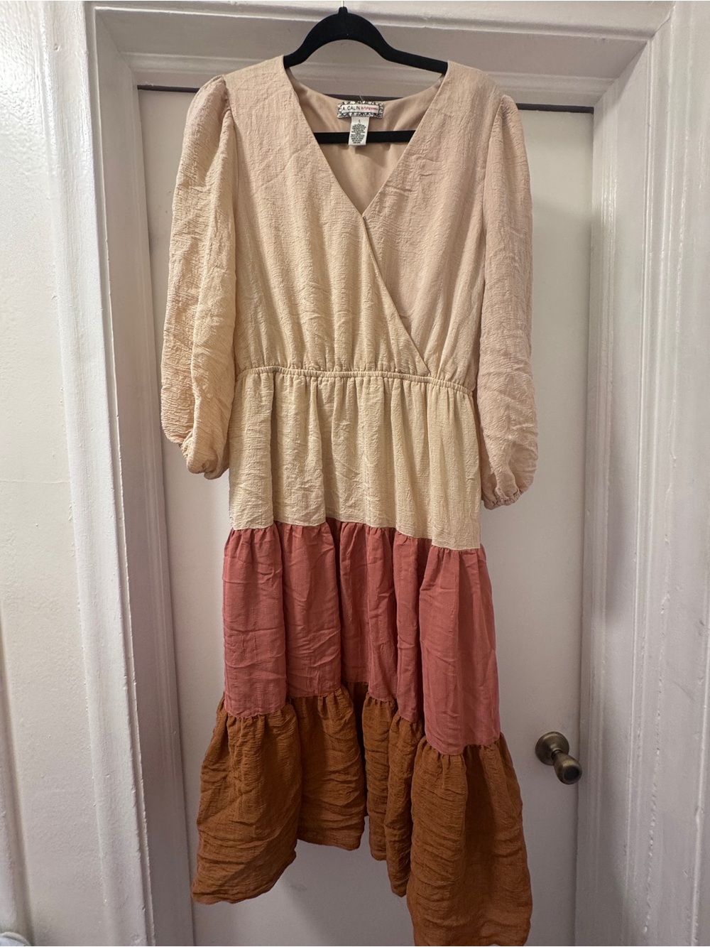 Flying tomato Tiered Colorblock Dress with Puff Sleeves - Cream, Pink, Brown